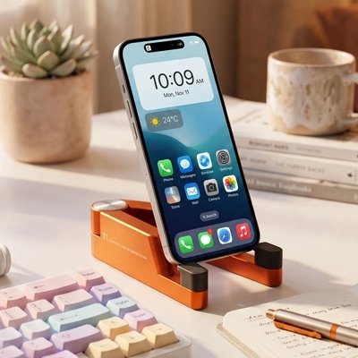 Support telephone bureau​ orange sur surface de travail