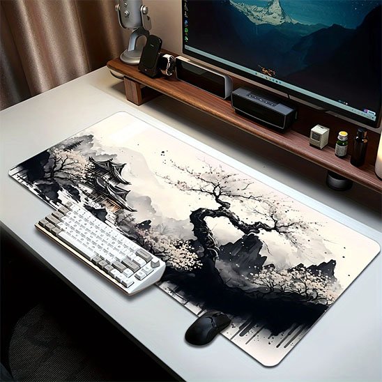 Tapis de souris paysage asiatique noir et blanc